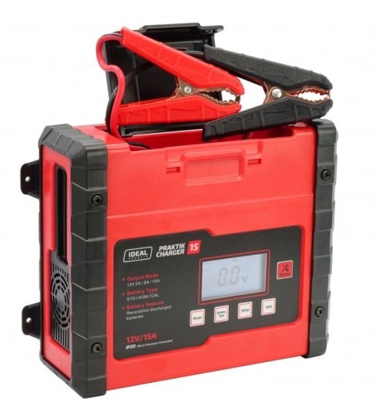 IDEAL PRAKTIK CHARGER 15 LCD Automatinis akumuliatoriaus įkroviklis 12 V/24 V 2 A/8 A/15 A PCHARGE15