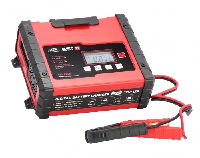 IDEAL PRAKTIK CHARGER 15 LCD Automatinis akumuliatoriaus įkroviklis 12 V/24 V 2 A/8 A/15 A PCHARGE15